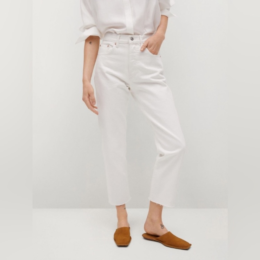 Mango Havana Straight Cropped High Waist Jeans Size 8 White Cotton Button Fly - Picture 2 of 16